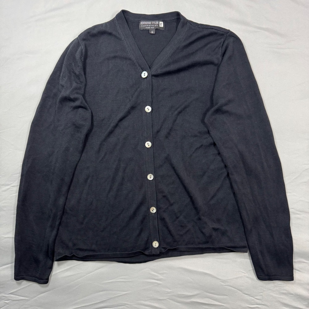 Jennifer Tyler Cashmeres Etc Black 100% Pure Silk Cardigan V-Neck Button Sz M